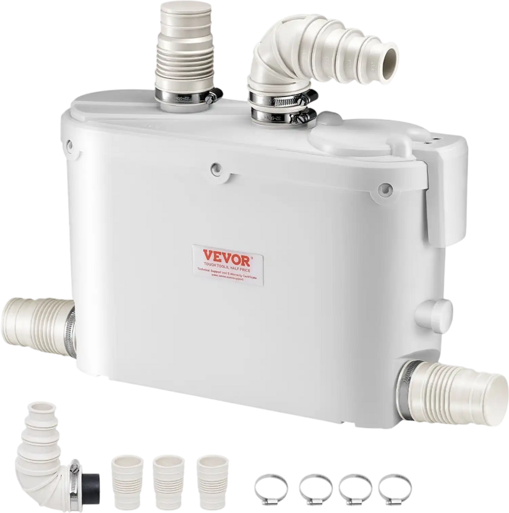 VEVOR Macerator Pump, 500W, 29 GPM Flow, 26 ft/8 m Head, Macerator Sewerage Toilet Pump with 4 Water Inlets, Waste Water Disposal Upflush Machine for Kitchen, Basement, Shower, Sink, Laundry, Bathtub
