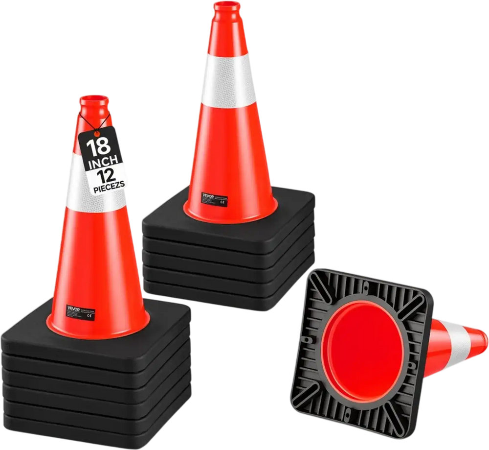 VEVOR Traffic Safety Cones 12 Pack 18 Inch Flexible PVC Orange Traffic Cone, For Parking Lots and Home Use, with Weighted Black Base, Reflective Collar Visible at Night, Heavy Duty Design, Easy Storage