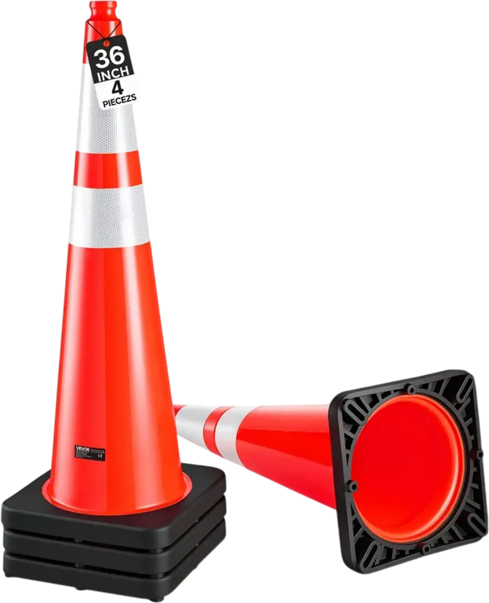 VEVOR Traffic Safety Cones 4 Pack 36 Inch Flexible PVC Orange Traffic Cones, For Highway Warning or Traffic Control, Weighted Black Base, Reflective Collar Visible at Night, Heavy Duty, Easy Storage