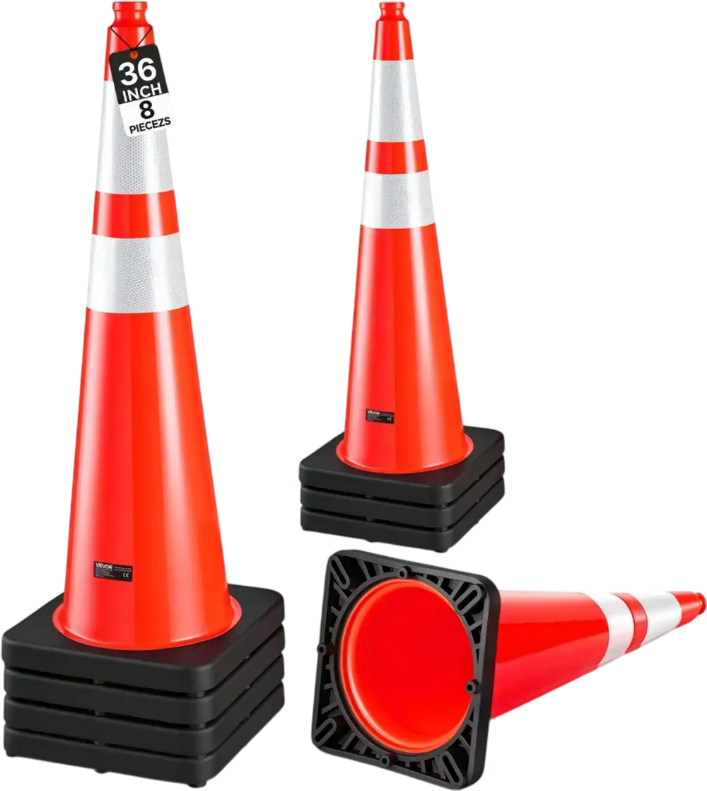 VEVOR Traffic Safety Cones 8 Pack 36 Inch Flexible PVC Orange Traffic Cones, For Highway Warning or Traffic Control, Weighted Black Base, Reflective Collar Visible at Night, Heavy Duty, Easy Storage