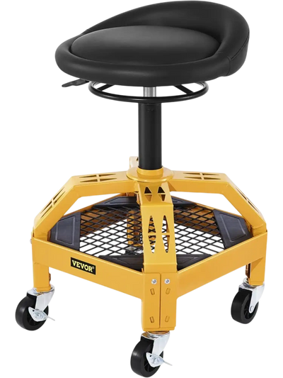 VEVOR Rolling Garage Stool, 300LBS Capacity, Adjustable Height from 24 in to 28.7 in, Mechanic Seat with 360-degree Swivel Wheels and Tool Tray, for Workshop, Auto Repair Shop, Yellow