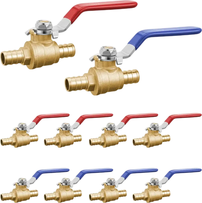 VEVOR PEX Ball Valve, 10 Pieces, 1/2 in PEX Brass Ball Valve, PEX Full Port Brass Ball Valves, Quarter Turn Hot (Red) Cold (Blue) PEX Full Port Ball Valve, for Kitchen, Hydronic Heating, Bathroom