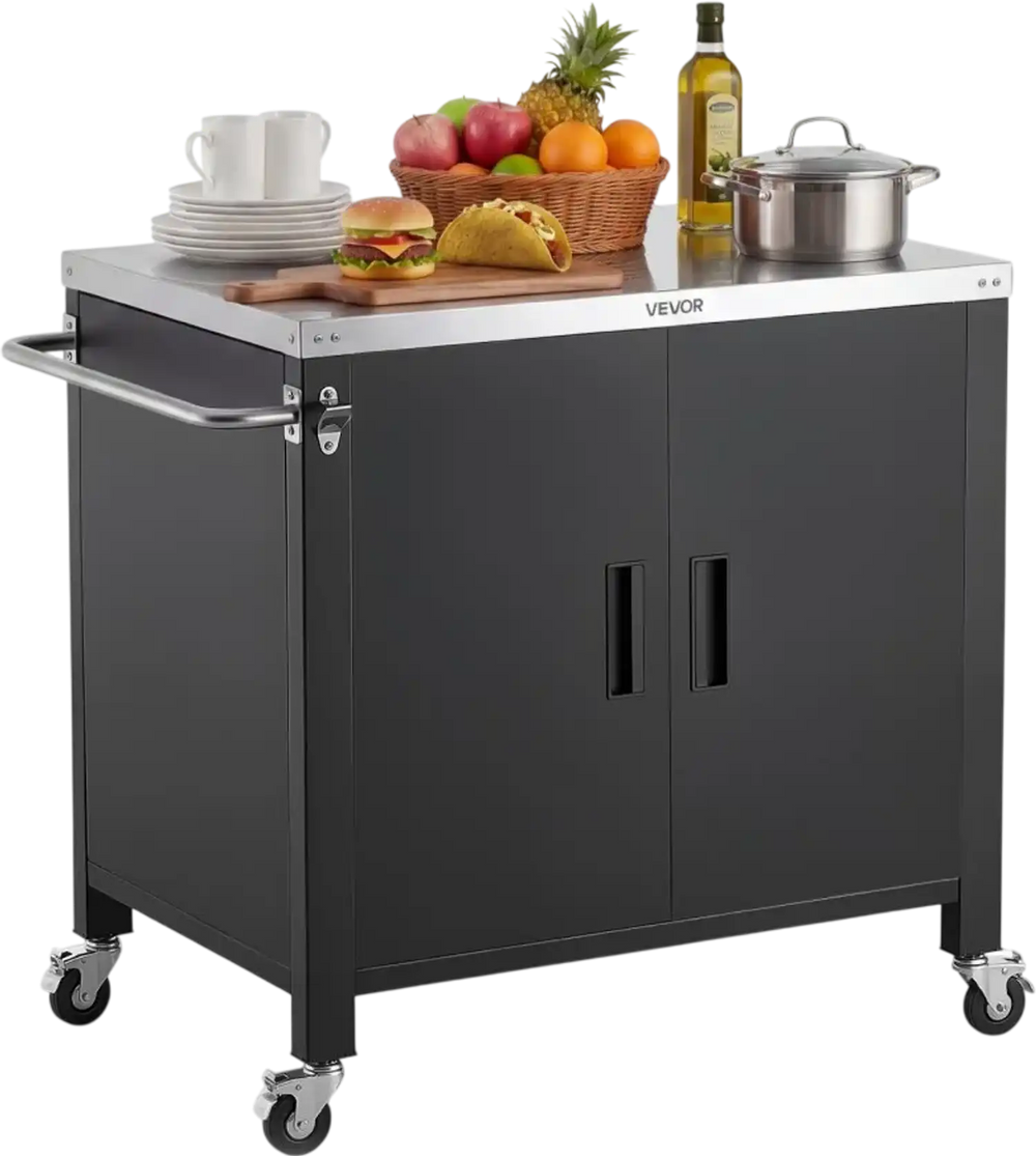VEVOR Outdoor Grill Cart with Storage Cabinet, 40 Inch Grill Table, Waterproof Kitchen Island with Stainless Steel Top, Spice Rack, and Wheels, Movable Food Prep Station for Patio Bar Backyard BBQ