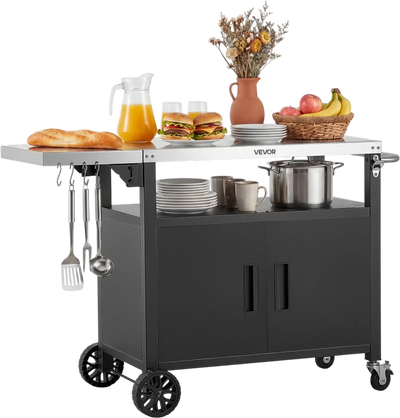VEVOR Outdoor Grill Cart with Storage Cabinet, 48.9 Inch Grill Table, Waterproof Kitchen Island with Stainless Steel Top, Shelf, and Wheels, Movable Food Prep Station for Patio Bar Backyard BBQ