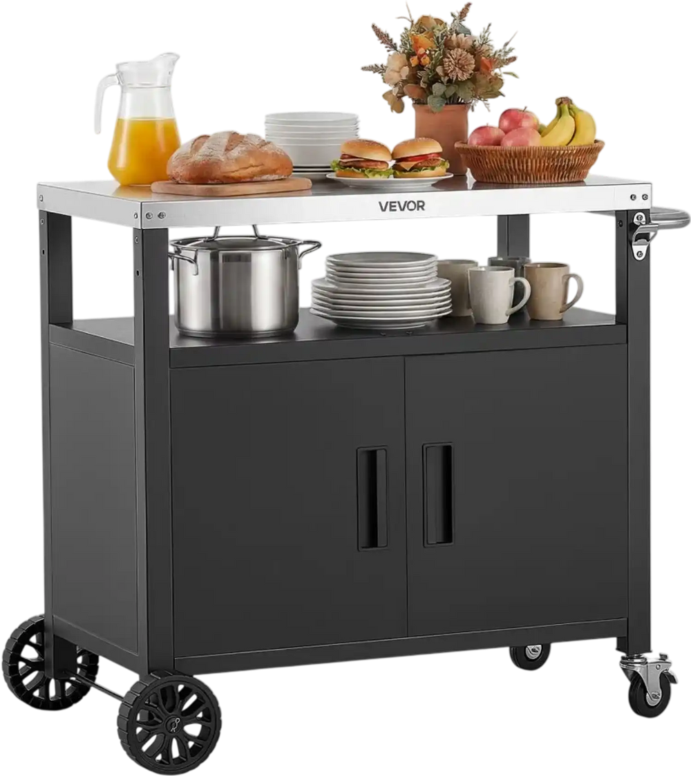 VEVOR Outdoor Grill Cart with Storage Cabinet, 36.4 Inch Grill Table, Waterproof Kitchen Island with Stainless Steel Top, Shelf, and Wheels, Movable Food Prep Station for Patio Bar Backyard BBQ