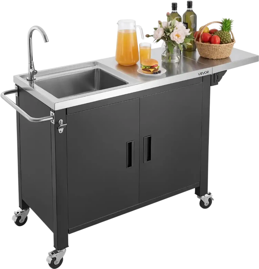 VEVOR Outdoor Grill Cart with Sink and Storage Cabinet, 52 Inch Grill Table, Waterproof Kitchen Island with Stainless Steel Top, Spice Rack, Wheel, Movable Food Prep Station for Patio Bar Backyard BBQ