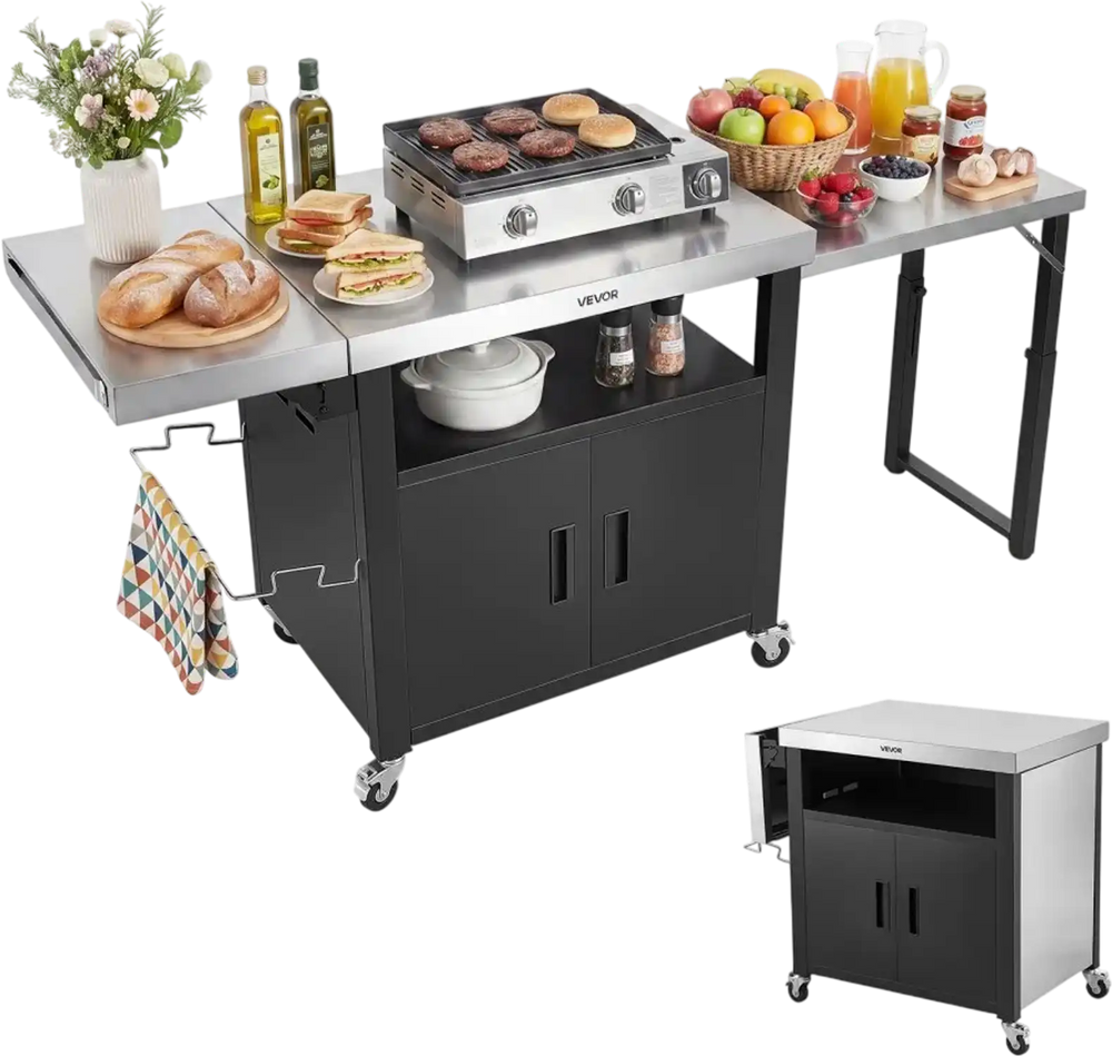 VEVOR Outdoor Grill Cart with Storage Cabinet, 74.8 Inch Grill Table, Waterproof Kitchen Island with Stainless Steel Top, Pull-Out Plate, Wheels, Movable Food Prep Station for Patio Bar Backyard BBQ