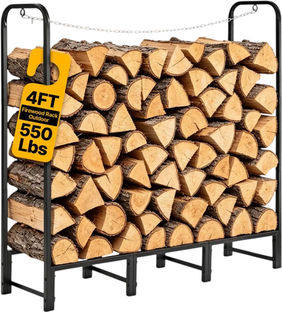 VEVOR Firewood Rack 4ft 1/4 Cord Heavy Duty Outdoor Wood Storage Holder, for Fireplace Patio Deck, 550 lbs Load Capacity, Carbon Steel Frame Fire Log Stacker Stand, Metal Wood Pile Organizer, Black