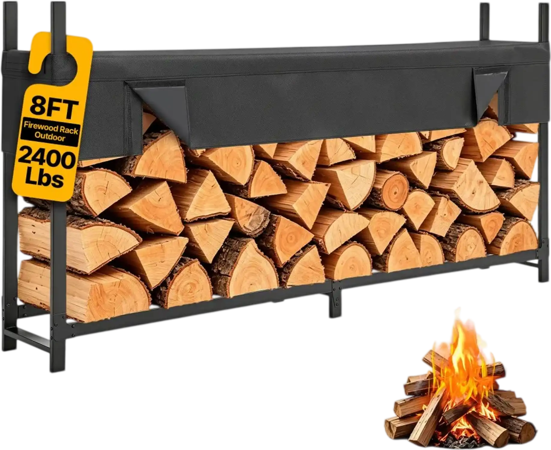 Vevor Firewood Rack 8' Outdoor Wood Storage with Waterproof Cover Black New