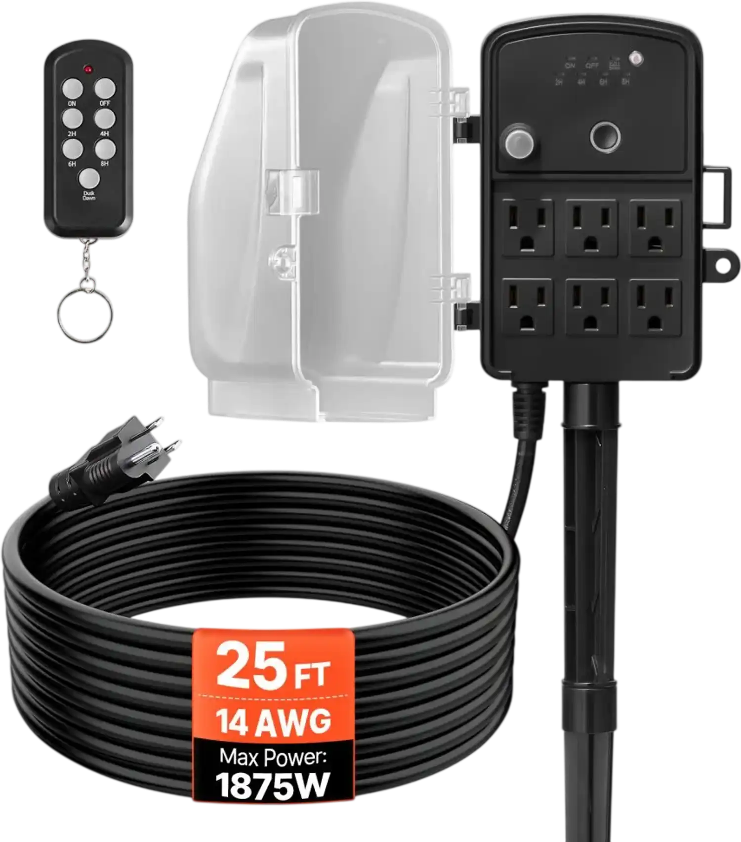 Vevor Outdoor Power Stake Weatherproof 25' Extension Cord with Remote Timer 6 Outlets New