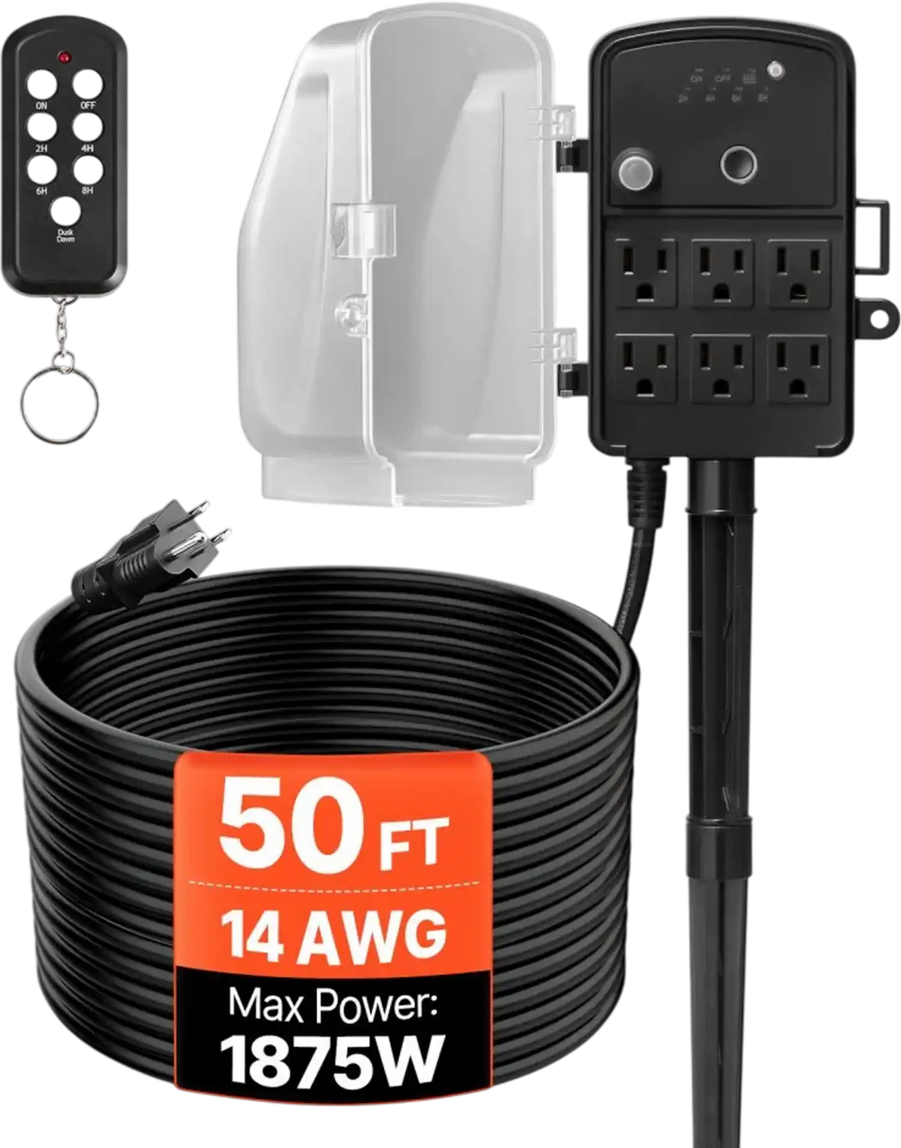 VEVOR Outdoor Power Stake, 50FT Extension Cord, Outdoor Power Strip Weatherproof with Cover, Remote Control Dusk to Dawn Light Timer Waterproof, 6 Outlets, 1875W/15A, for Christmas Lights, Garden