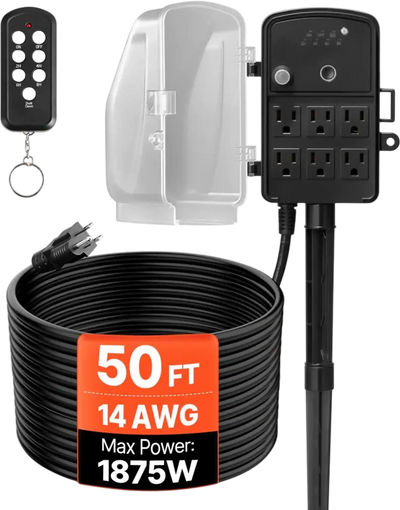 VEVOR Outdoor Power Stake, 50FT Extension Cord, Outdoor Power Strip Weatherproof with Cover, Remote Control Dusk to Dawn Light Timer Waterproof, 6 Outlets, 1875W/15A, for Christmas Lights, Garden