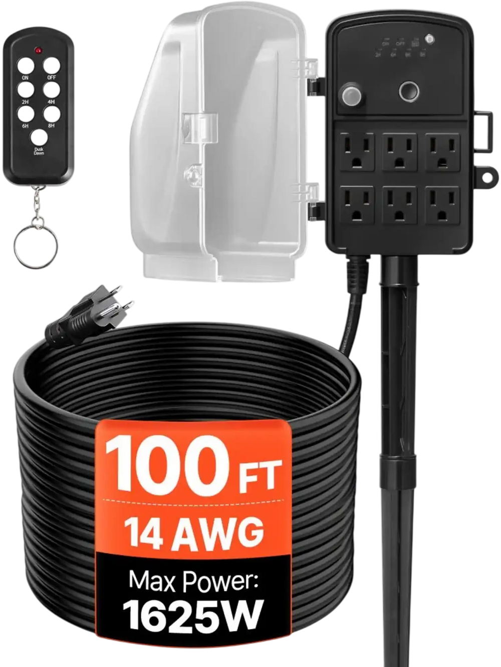 VEVOR Outdoor Power Stake, 100FT Extension Cord, Outdoor Power Strip Weatherproof with Cover, Remote Control Dusk to Dawn Light Timer Waterproof, 6 Outlets, 1625W/13A, for Christmas Lights, Garden