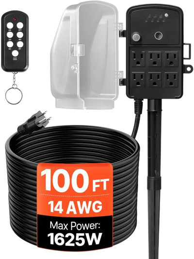 Vevor Outdoor Power Stake Weatherproof 6-Outlet Power Strip with Remote, 100' Cord, Dusk-to-Dawn Timer New