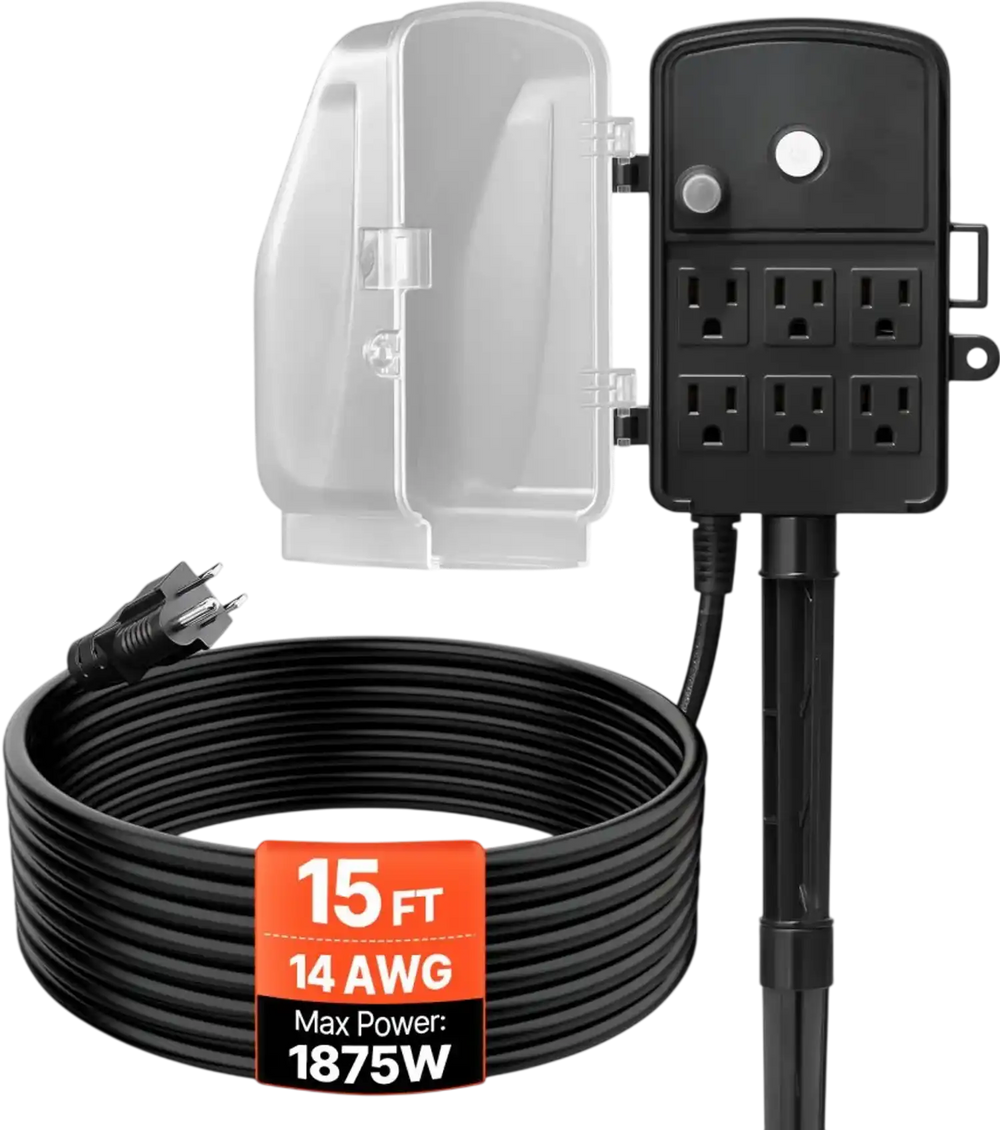 VEVOR Outdoor Power Stake, 15 FT Extension Cord, Outdoor Power Strip Weatherproof with Cover and Overload Protection, 6 Outlets, 15A/1875W, Waterproof Multi-Outlet Yard Stake for Christmas Lights