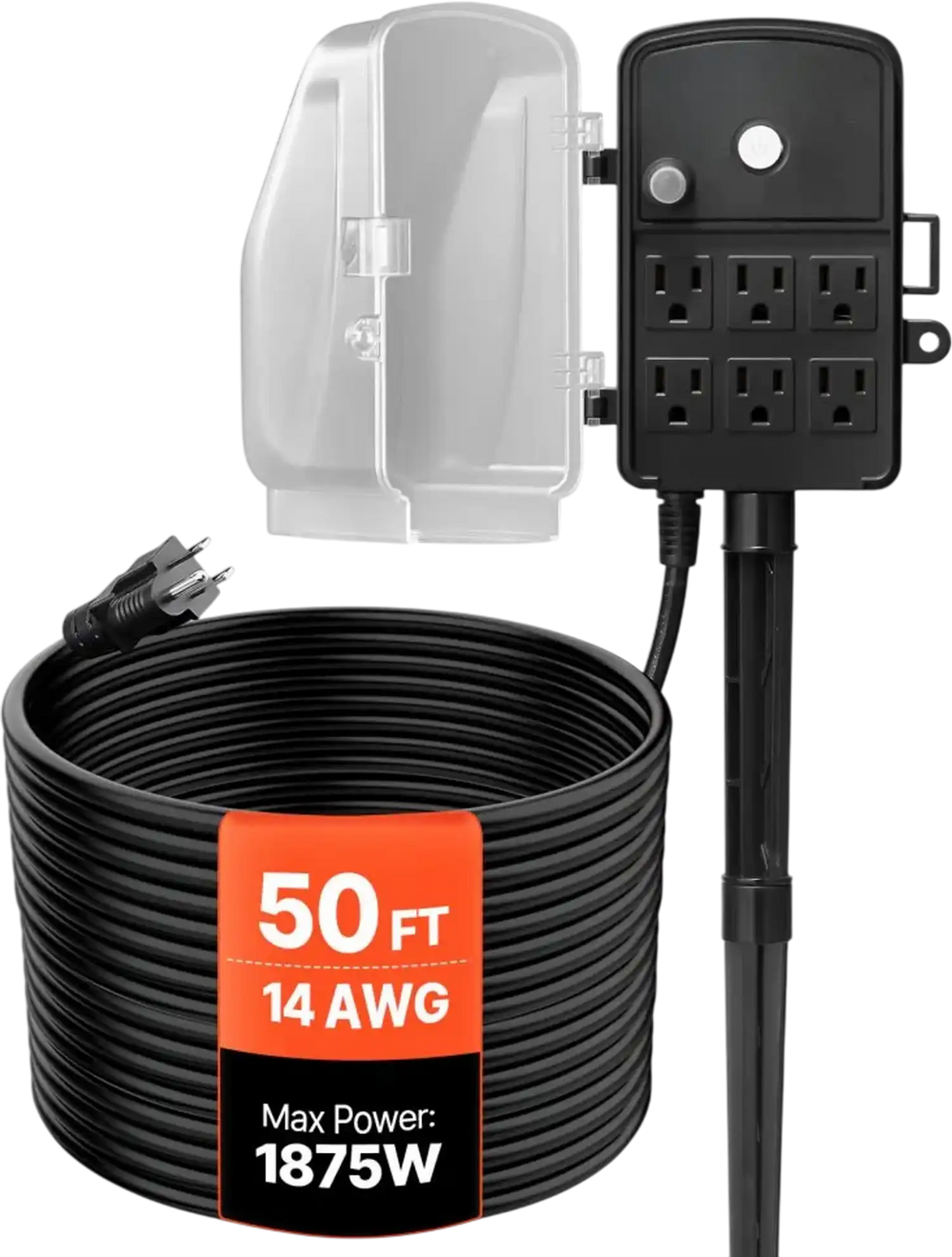 VEVOR Outdoor Power Stake, 50 FT Extension Cord, Outdoor Power Strip Weatherproof with Cover and Overload Protection, 6 Outlets, 15A/1875W, Waterproof Multi-Outlet Yard Stake for Christmas Lights