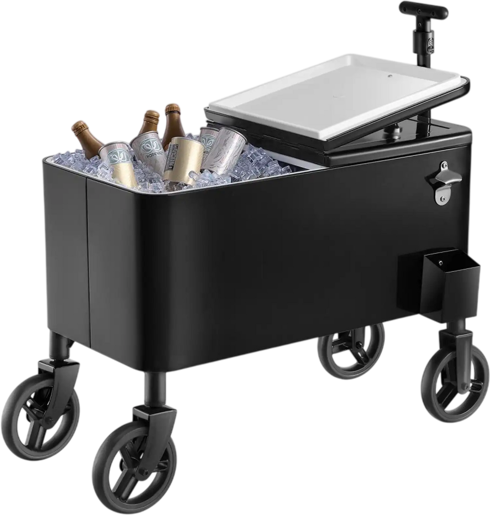 VEVOR 80 Quart Rolling Ice Chest Cart, with 2-Stage Telescopic Pull Handle and 2 Swivel Casters, Portable Table Beach Patio Party Bar Cold Drink Beverage, Outdoor Park Cart on Wheels, Black