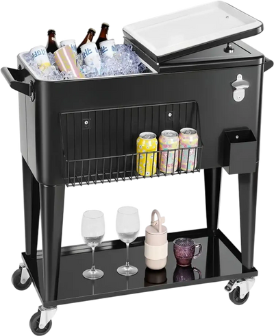 VEVOR 80 Quart Rolling Ice Chest, Holds up to 50 Bottles / 110 Cans, Portable Patio Party Bar Drink Cooler Cart with Bottom Shelf, Beverage Pool with Side Basket and Bottle Opener, Black