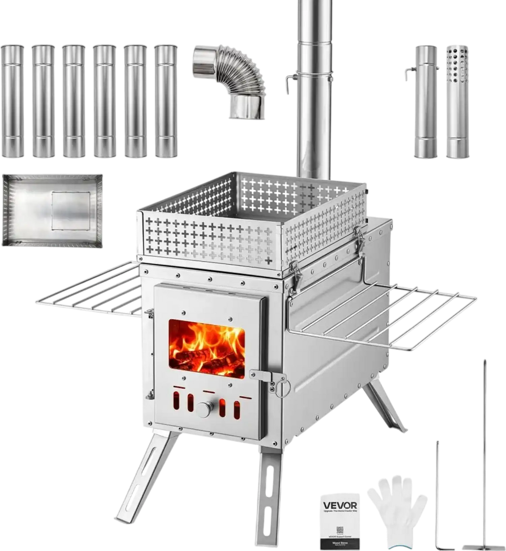 VEVOR Wood Stove Portable Sauna Hot Tent Rocket Stove Stainless Steel, for Dry Sauna Heating Outdoor Camping, with Detachable Stone Box, Extended Chimney Pipes, and Heat-Resistant Glass Window