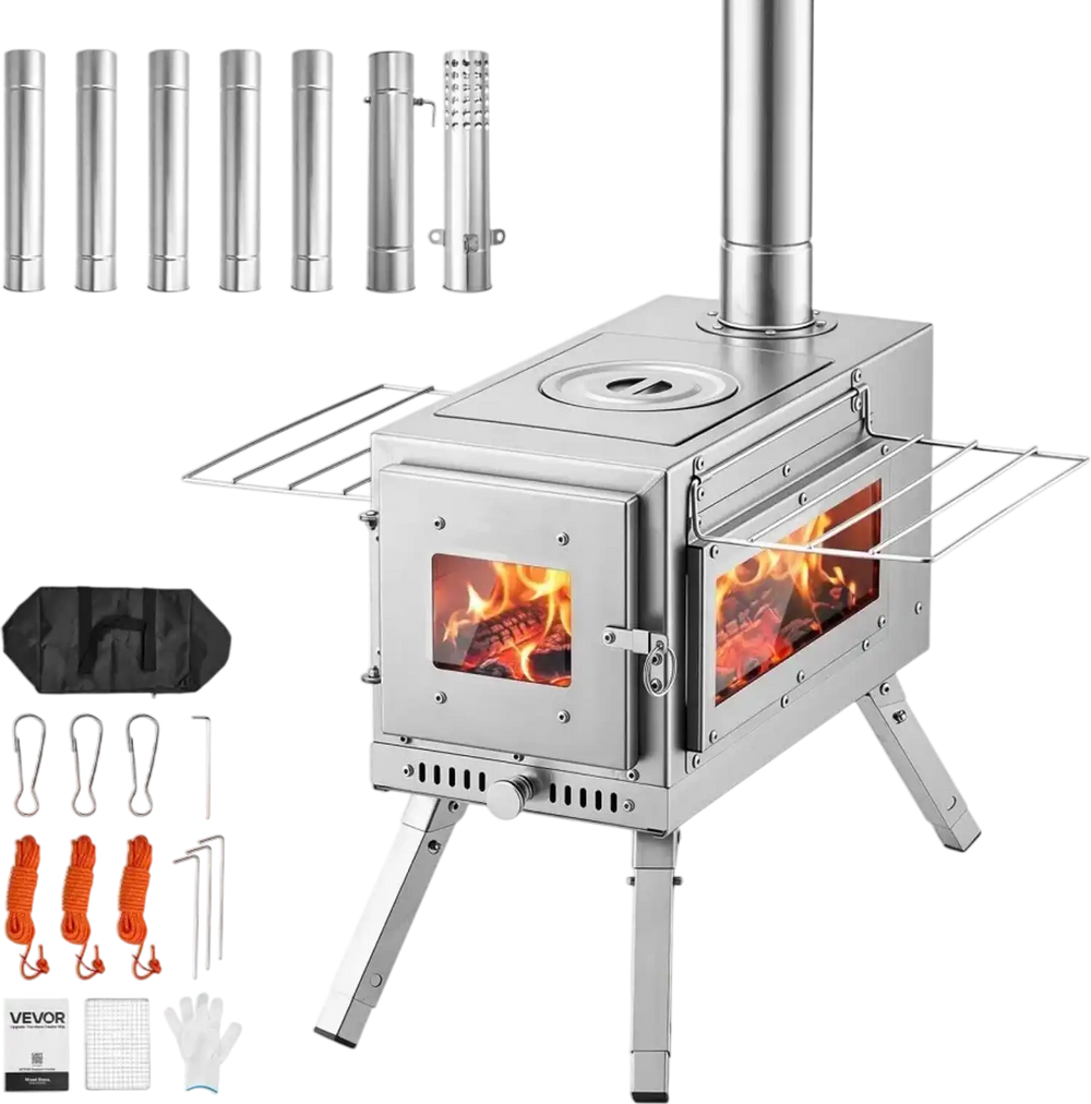 VEVOR Wood Stove Portable Wood Burning Camping Tent Stove Stainless Steel, for Outdoor Heating Cooking Drying, with Extended Chimney Pipes, Ash Drawer, Heat-Resistant Glass Window, Gloves, Carry Bag