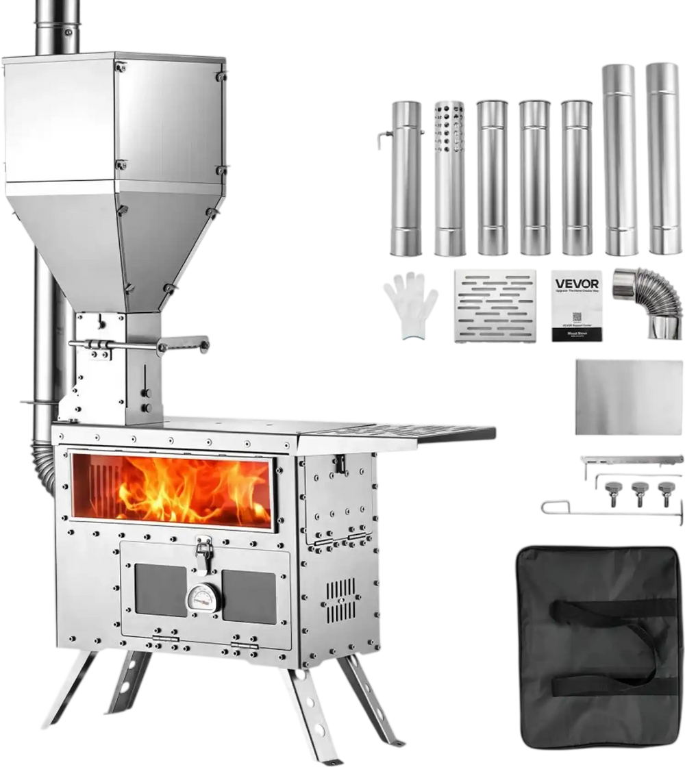 VEVOR Wood Stove Outdoor Pellet Stove with Oven Pellet and Wood Burning, for Outdoor Camping Cooking and Heating, Stainless Steel Body, with Chimney Pipes, Gloves, Carry Bag, and Detachable Shelf