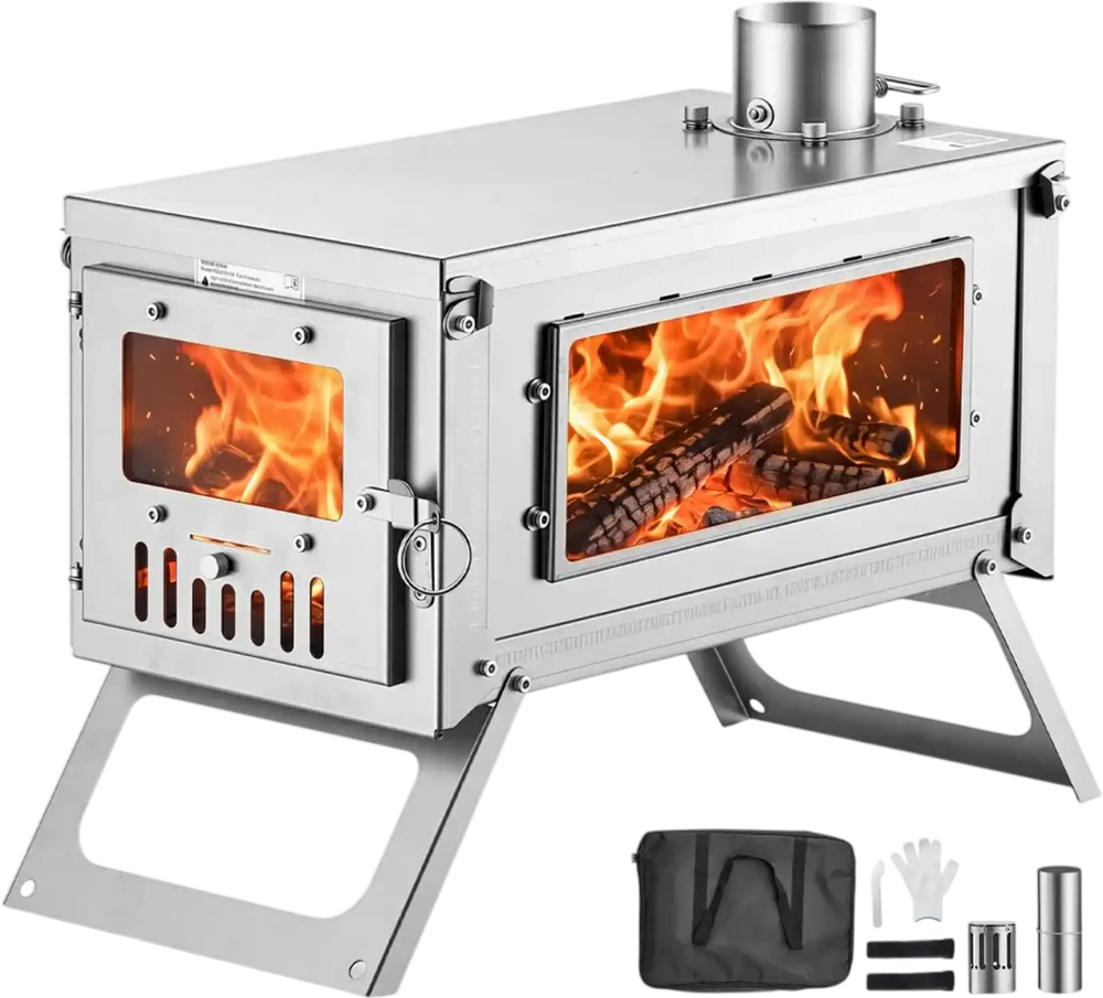 VEVOR Wood Stove Foldable Portable Titanium Wood Burning Camping Tent Stove, for Outdoor Heating and Cooking, 7.05 lbs Lightweight, with Telescopic Retractable Chimney and Heat-Resistant Glass Window