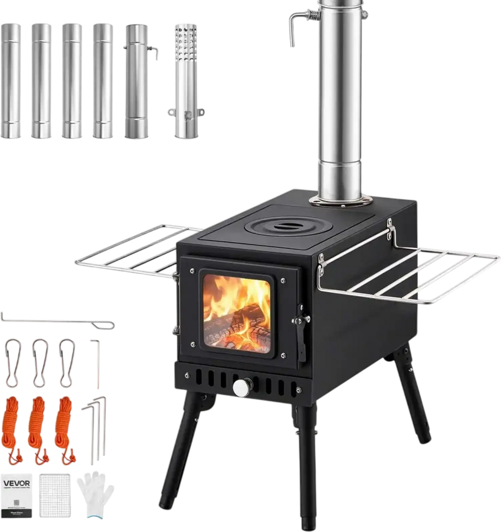 VEVOR Wood Stove Portable Wood Burning Camping Tent Stove Carbon Steel, for Outdoor Heating Cooking Drying, with Extended Chimney Pipes, Separate Ash Drawer, Heat-Resistant Glass Window, Gloves