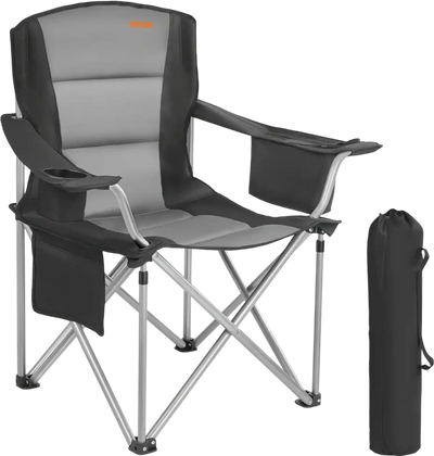VEVOR Camping Folding Chair for Adults, Portable Heavy Duty Outdoor Quad Lumbar Back Padded Arm Chairs with Side Pockets, Cup Holder and Cooler Bag for Beach, Lawn, Picnic, Fishing, Backpacking, Black