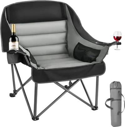 VEVOR Oversized Camping Chairs, 450 lbs Heavy Duty Support, Portable Padded Folding Camp Chairs with Dual Cup Holders & Wine Glass Holders, Carry Bag for Outdoor, Fishing, Black & Gray, 1 Pack