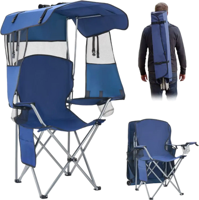 VEVOR Camping Chair with Canopy Shade, Folding Beach Chair with Canopy & Magazine Pocket, 2 Cup Holders, 330 lbs Heavy Duty Support, Carry Bags for Outdoor, Camp, Fishing, Tailgates, Deep Blue