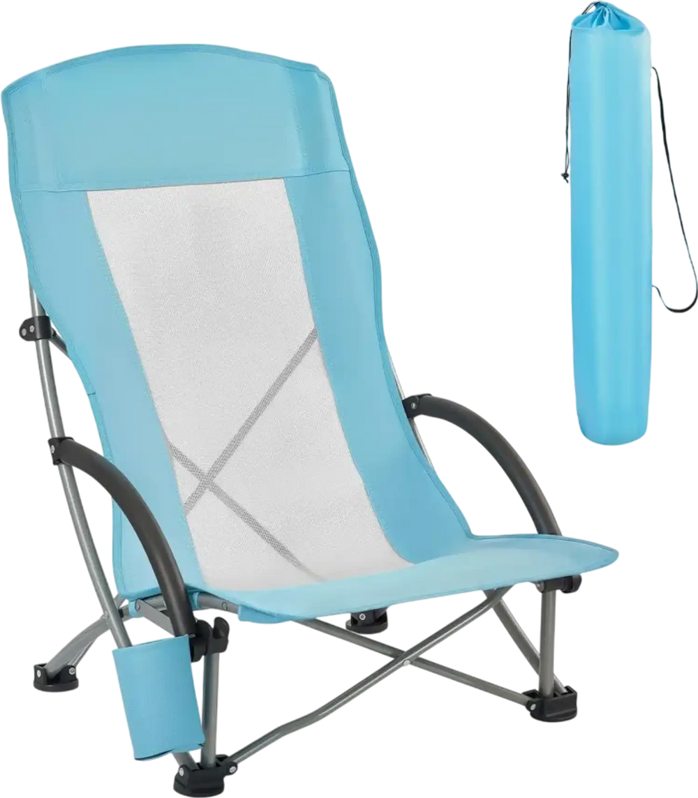 VEVOR Folding Beach Chair, High Back Camping Chairs for Adults, with Cup Pocket, Mesh Back, Carry Bag, Portable Extra Wide Seat Chair 330 lbs Heavy Duty Support, for Outdoor, Camp, Light Blue