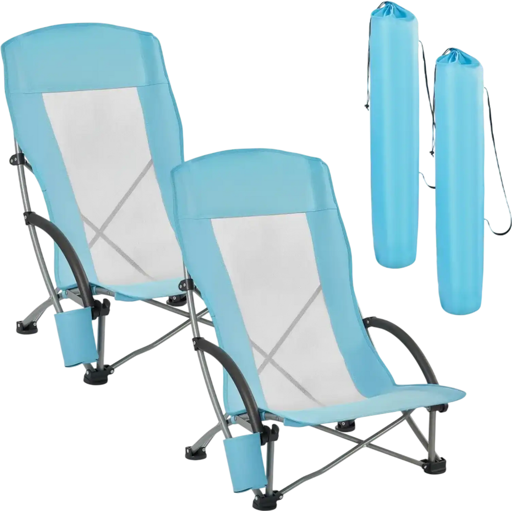 VEVOR Folding Beach Chair, High Back Camping Chairs for Adults, with Cup Pocket, Mesh Back, Carry Bag, Portable Extra Wide Seat Chair 330 lbs Heavy Duty Support, for Outdoor, Camp, Light Blue, 2 Pack