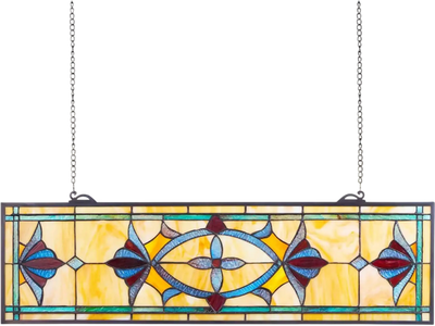 VEVOR Stained Glass Window Panel, 32 x 10 in, Tiffany Style Hanging Transom Window Panel with Chain, Large Horizontal Rectangle Stain Glass, Vintage Traditional Art Handcrafts for Kitchen Home Decor