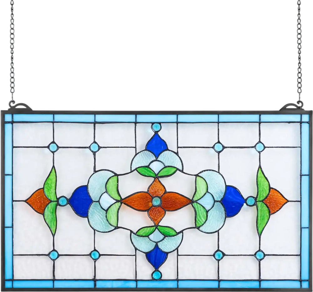 VEVOR Stained Glass Window Panel, 26 x 16 in, Tiffany Style Hanging Transom Window Panel with Chain, Large Horizontal Rectangle Stain Glass, Vintage Traditional Art Handcrafts for Kitchen Home Decor