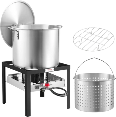 VEVOR 80 Qt Seafood Boiling Kit with Strainer, Outdoor Seafood Boil Pot and Basket, Cooking Set for Crab Crawfish Lobster Boiling, Aluminum Stockpot with 100,000 BTUs Propane Burner and Steamer Rack