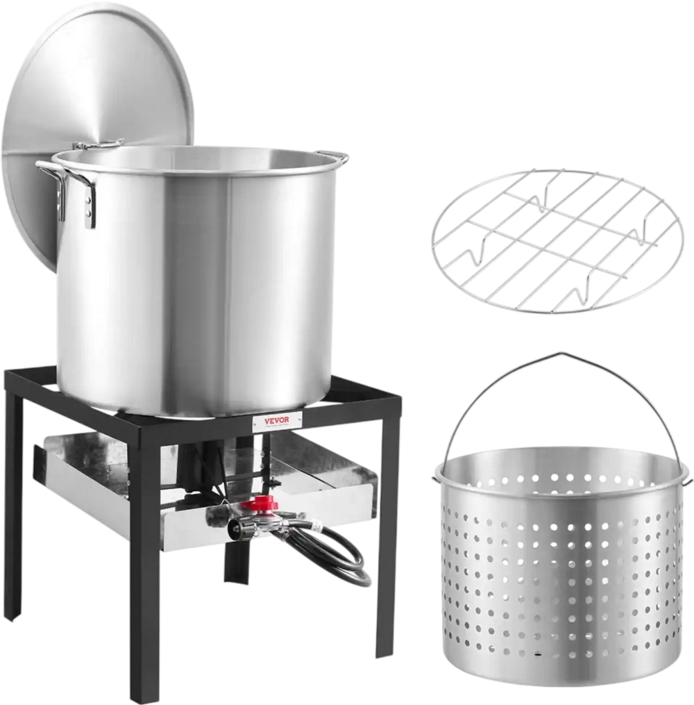 VEVOR 60 Qt Seafood Boiling Kit with Strainer, Outdoor Seafood Boil Pot and Basket, Cooking Set for Crab Crawfish Lobster Boiling, Aluminum Stockpot with 100,000 BTUs Propane Burner and Steamer Rack