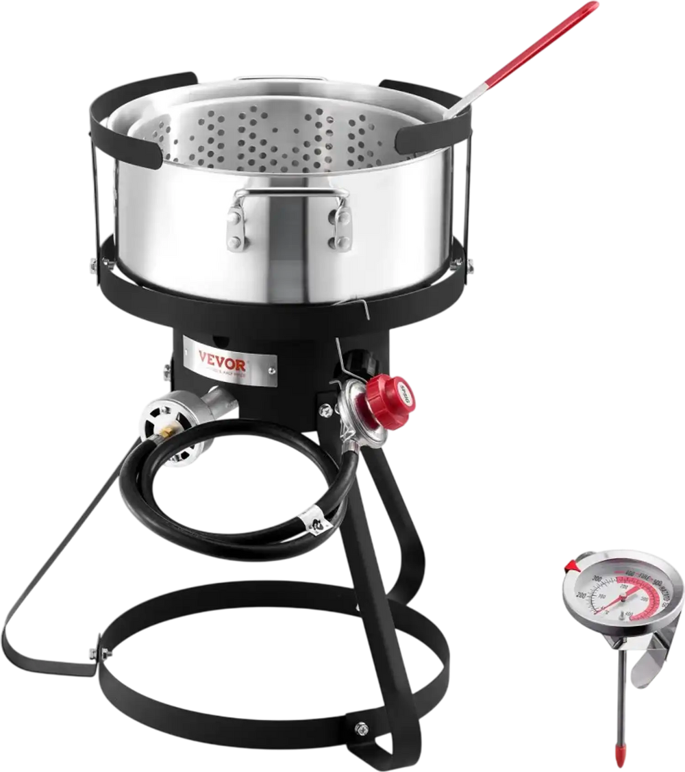 VEVOR 10 Qt Fish and Wing Fryer, Aluminum Propane Fish Fryer Kit, Outdoor Deep Fryer Seafood Pot with Thermometer, Strainer Basket, and 54,000 BTUs Propane Burners, for Outdoor and Backyard Cooking