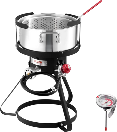 VEVOR 10 Qt Fish and Wing Fryer, Aluminum Propane Fish Fryer Kit, Outdoor Deep Fryer Seafood Pot with Thermometer, Strainer Basket, and 54,000 BTUs Propane Burners, for Outdoor and Backyard Cooking