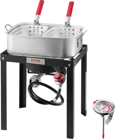VEVOR 18 Qt Fish and Wing Fryer with Double Basket, Aluminum Propane Fish Fryer Kit, Outdoor Deep Fryer Seafood Pot with Thermometer and 58,000 BTUs Propane Burners, for Outdoor and Backyard Cooking