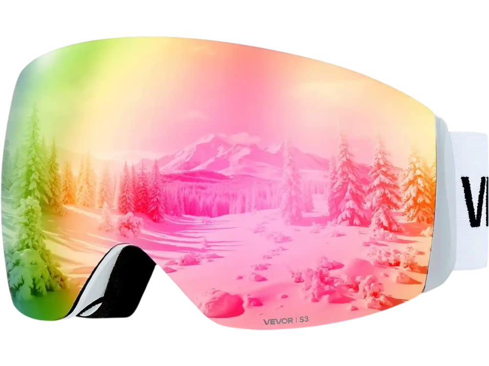 VEVOR Frameless Ski Goggles, Spherical Lens with Pink Revo Coating, OTG Anti fog Snow Goggles for Men Women Youth, TPU Frame & Ventilation Structure, Suitable for Skiing, Skating, Snowboarding