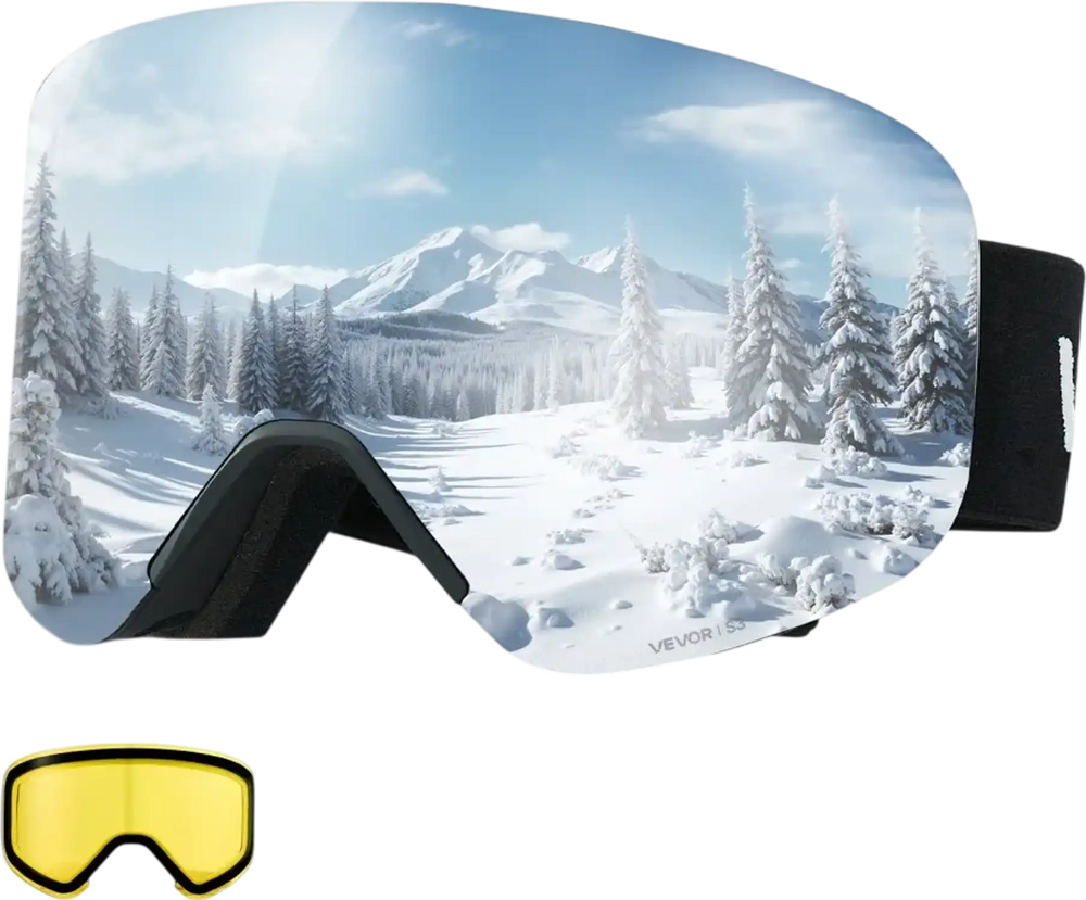VEVOR Frameless Ski Goggles, Magnet Cylindrical Lens with Silver Mirror Revo Coating, OTG Anti fog Snow Goggles for Men Women, TPU Frame & Ventilation Structure, Fit for Skiing, Skating, Snowboarding