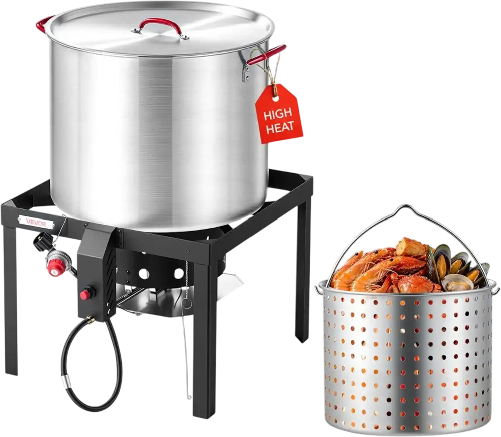 VEVOR 100 Qt Seafood Boiling Kit with Strainer, Aluminum Crawfish Boiler, Outdoor Backyard Cooking for Crab, Shrimp, Lobster, Soup, Deep Fryer Steamer Set with Stand and 110,000 BTU Propane Burner