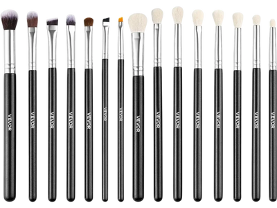 VEVOR 15-Piece Makeup Brush Set for Foundation Blending Eyeshadow, Professional Vegan Brushes with Soft Synthetic Bristles, Ergonomic Wood Handle & Aluminum Ferrule, Portable and Travel-Friendly