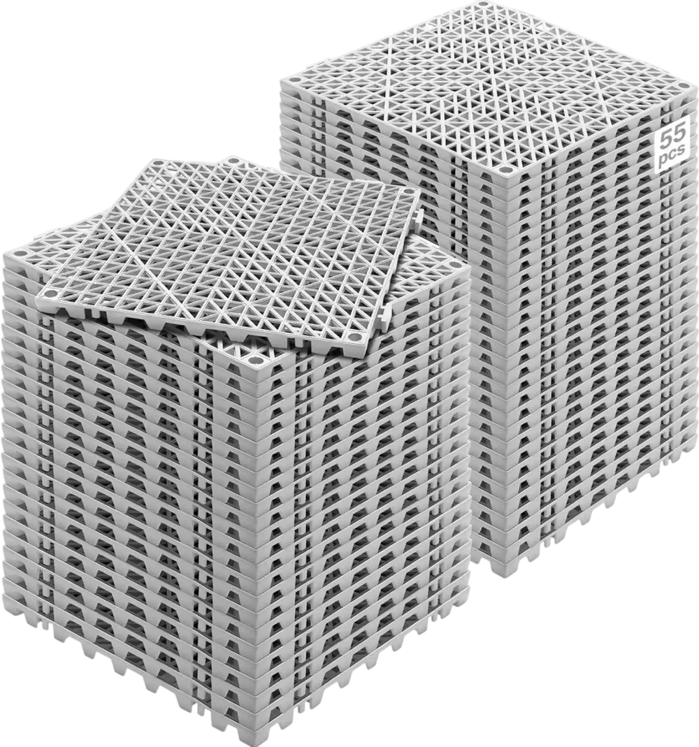 VEVOR Interlocking Tile 55PCS Grey, Drainage Tiles 12" x 12"x 0.6 Splicing, Soft PVC Interlocking Floor Tiles, Non-Slip Drainage Holes for Restroom, Bathroom, Kitchen, Pool, Wet Area