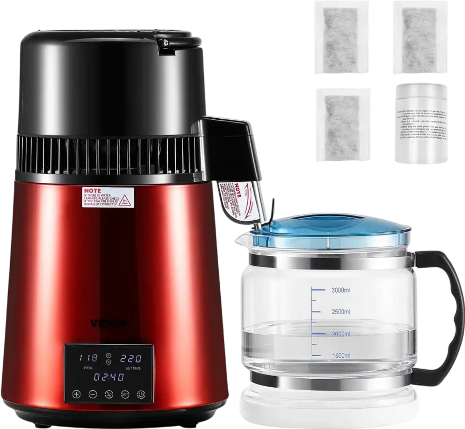 Vevor Water Distiller 4L 1750W Countertop Pure Water Purifier with Glass Pot Red New
