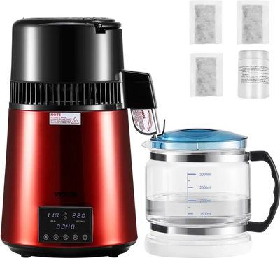 VEVOR Water Distiller, 4L 1.1 Gallon Pure Water Purifier Filter For Home Table Countertop, 1750W Distilled Maker with Glass Pot, Stainless Steel Interior Drinking Machine to Make Clean Waters, Red
