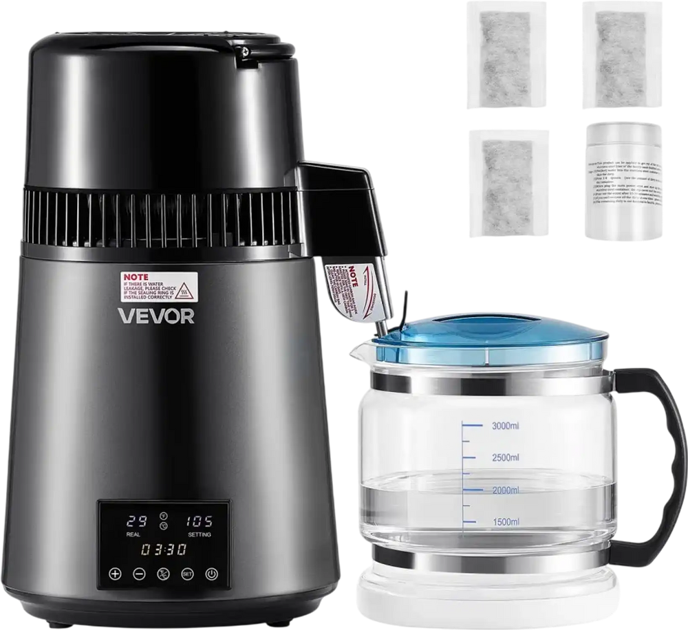 VEVOR Water Distiller, 4L 1.1 Gallon Pure Water Purifier Filter For Home Table Countertop, 1750W Distilled Maker with Glass Pot, Stainless Steel Interior Drinking Machine to Make Clean Waters, Grey