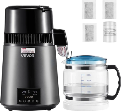 VEVOR Water Distiller, 4L 1.1 Gallon Pure Water Purifier Filter For Home Table Countertop, 1750W Distilled Maker with Glass Pot, Stainless Steel Interior Drinking Machine to Make Clean Waters, Grey