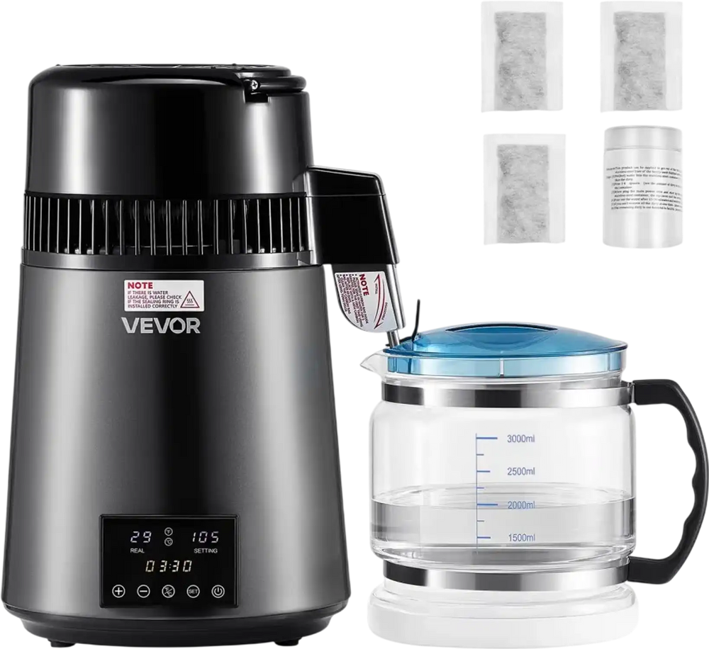 VEVOR Water Distiller, 4L 1.1 Gallon Pure Water Purifier Filter For Home Table Countertop, 750W Distilled Maker with Glass Pot, Stainless Steel Interior Drinking Machine to Make Clean Waters, Grey
