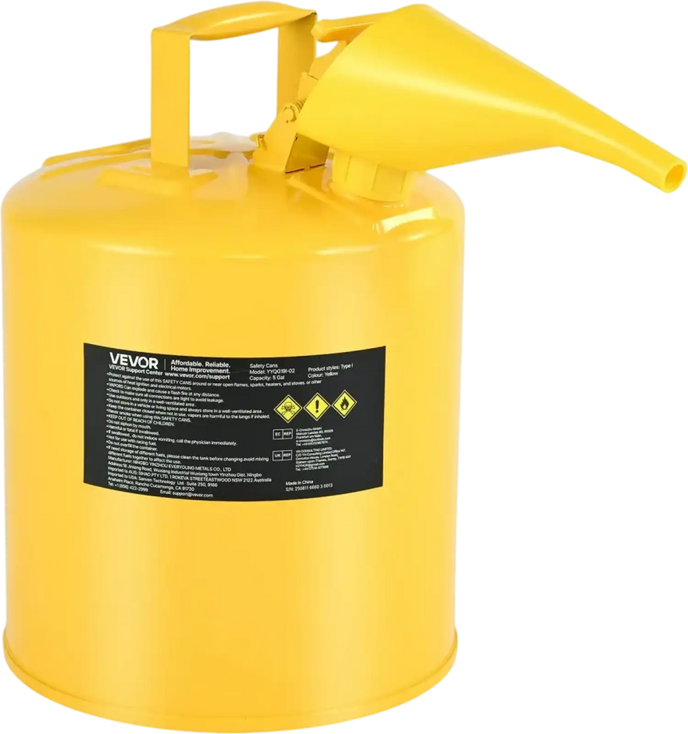 VEVOR Safety Can, 5 Gallon Type I Yellow Safety Can for Diesel with Stainless Steel Flame Arrester, Self-Closing Lid, and PE Funnel, Carbon Steel Flammable Storage Container with Ergonomic Handle